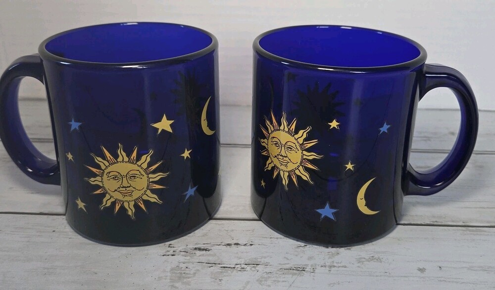 Vintage 90's Libbey Cobalt Blue Celestial Sun & Moon Glass Mug USA Set Of 2 # 1